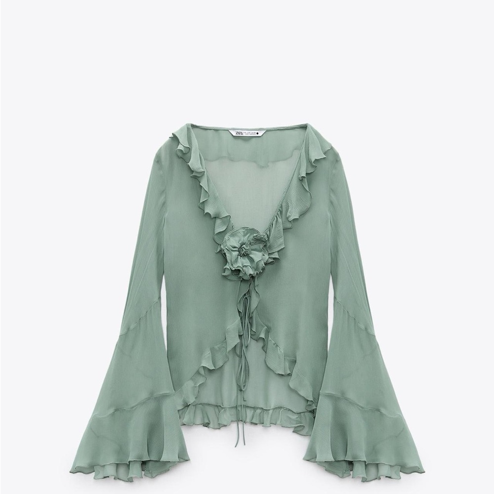 Green Bell Sleeve Blouse with Ruffled Tie Front